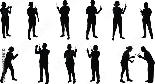 Medical silhouette illustration, syringe handling poses, healthcare worker actions, vaccination concept art, clinical procedure reference, doctor gesture set, hospital theme image