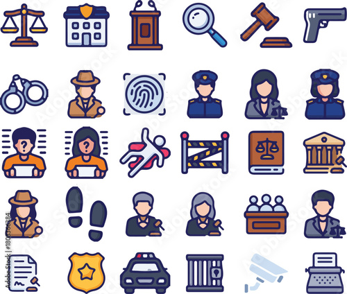 A colorful vector icon set illustrating law enforcement, crime investigation, and justice system elements. Includes police, detectives, handcuffs, fingerprints, mugshots, crime scenes, legal symbols, 