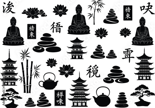 Japanese culture vector illustration collection, featuring Buddha statues, pagoda temples, bamboo plants, lotus flowers, bonsai trees, zen stones, teapots, and calligraphy symbols
