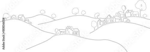 vector illustration of a black silhouette of a tree and small cottage as natural view sketch art of small village.