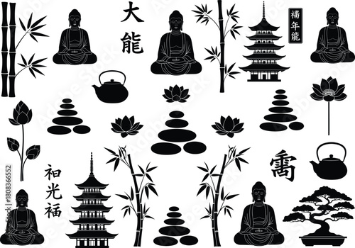 Japanese culture vector illustration set with Buddha statues, pagoda temples, lotus flowers, bamboo plants, bonsai trees, teapots, zen stones, and traditional calligraphy symbols