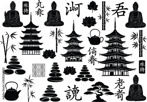 Japanese culture vector illustration set, including pagoda temples, bamboo, bonsai tree, Buddha statues, zen stones, lotus flowers, teapot, and calligraphy symbols