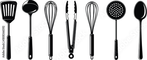 Kitchen utensils silhouette vector illustration, black and white cooking tools set with spatula, ladle, whisk, tongs, spoon, skimmer, culinary equipment for restaurant design