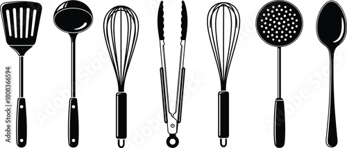 Kitchen utensils silhouette vector illustration, black and white cooking tools set with spatula, ladle, whisk, tongs, skimmer, spoon, culinary equipment for restaurant design