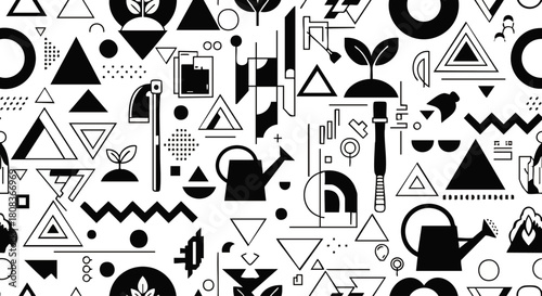 Black and white seamless pattern featuring gardening elements: plants, watering cans, triangles, circles, and geometric shapes on a white background.