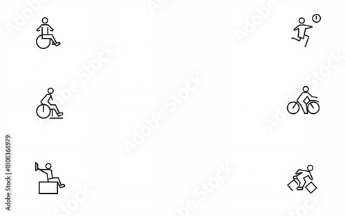 Adaptive Sports Icons. Line style icons of adaptive sports: wheelchair basketball, goalball player, inclusive gym, adapted bike. High quality