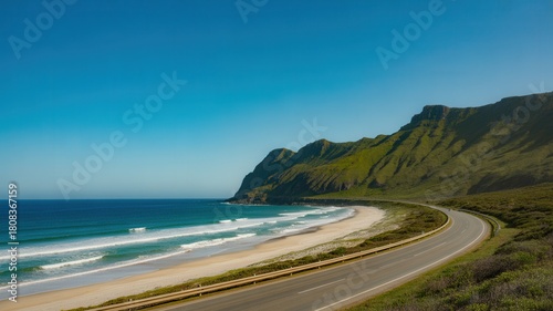 Fototapeta Naklejka Na Ścianę i Meble -  Picturesque coastal road along a beach with green hills and blue sky