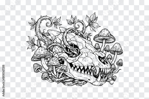 Monochrome animal skull overgrown with vines and mushrooms illustration
