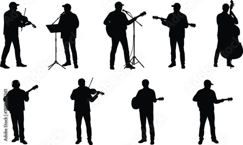 Musician silhouette illustration, string instrument performance, live music scene, diverse band art, concert pose, artistic expression, rehearsal concept, stage presence