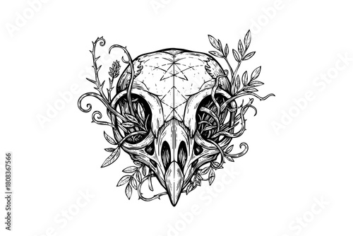 Detailed bird skull intertwined with thorny vines and leaves illustration