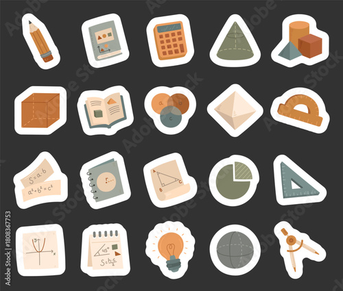 Geometry set in scandinavian style showing educational tools, books, chart, and shapes for learning, measurement, drawing, studying, teaching, and knowledge development for classroom projects