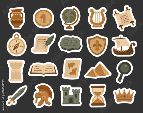 History set in scandinavian style showing amphora, coin, globe, lyre, scroll, compass, parchment, shield, column, book, map, pyramids, sword, castle, hourglass