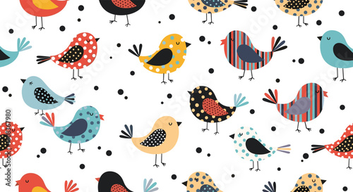 Adorable cheerful birds pattern for nursery decor and playful designs, colorful spring vibe for kids and whimsical projects, happy bird illustration