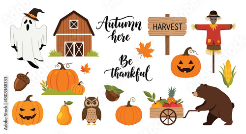 Delightful autumn harvest festival featuring pumpkins, scarecrow, ghost, bear and fruits, perfect for Thanksgiving and Halloween celebrations!