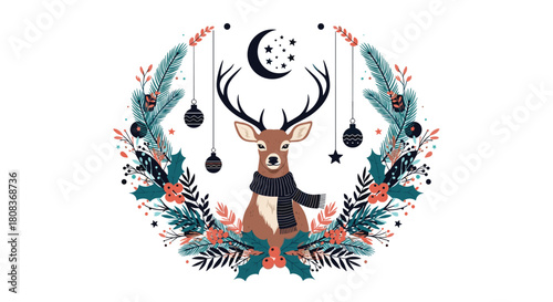 Festive Christmas deer in evergreen wreath with ornaments and wintery charm, ideal for holiday cards, gift tags, and seasonal promotions