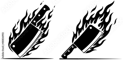 Two flaming butcher knives isolated on, symbolizing intense culinary skills and fiery passion for cooking
