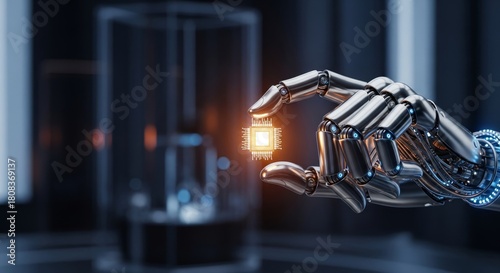 Robotic hand holding a microchip
