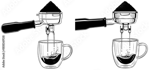 Espresso extraction process isolated on, showcasing coffee preparation with portafilter and cup filling