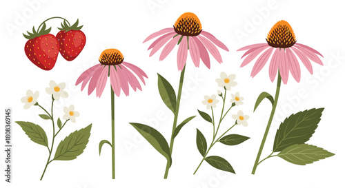 Delicate spring blossoms and ripe strawberries create a fresh, charming floral design that evokes feelings of joy and natural beauty in vibrant colors