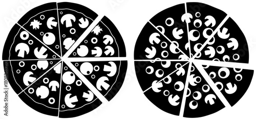 Pizza slices isolated on, displaying mushroom and olive toppings with missing pieces from the whole pie