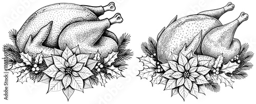 Two festive roasted turkeys with poinsettias and holly isolated on, celebrating holiday traditions and culinary delights