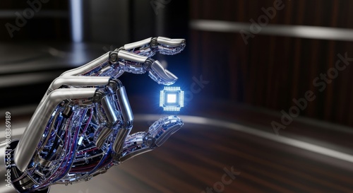 Detailed android hand holding glowing microchip