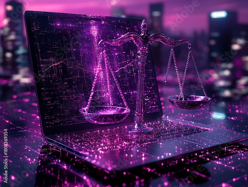 Scales of justice balanced on a laptop with digital circuit patterns and city lights