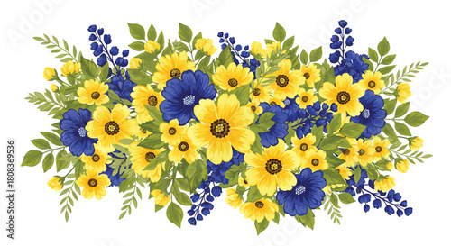 Gorgeous floral arrangement featuring vibrant yellow and blue blossoms with lush green leaves, perfect for invitations and springtime designs