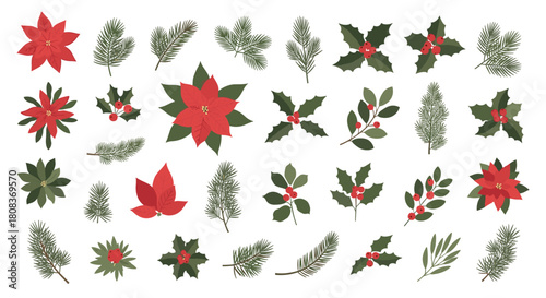 Festive holiday cheer with these delightful poinsettia and holly branch arrangements perfect for Christmas and winter seasonal designs