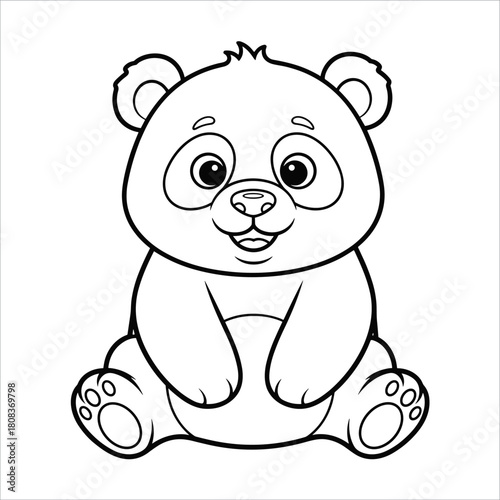 A simple black and white outline drawing of a happy, sitting baby giant panda cub.