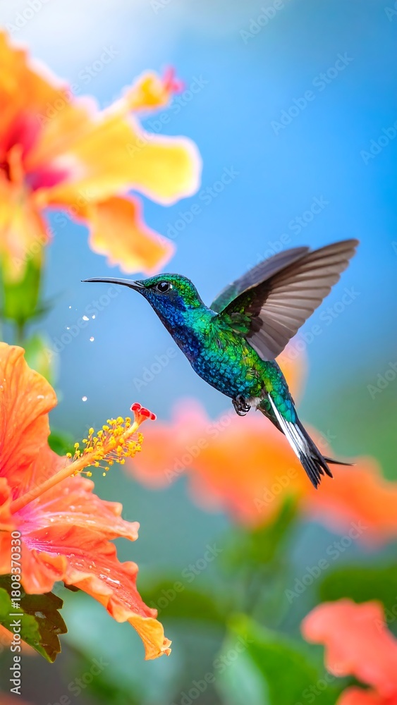 Obraz premium A vibrant hummingbird hovers near blooming orange hibiscus. The bird's iridescent blue-green feathers shimmer against a bright blue sky