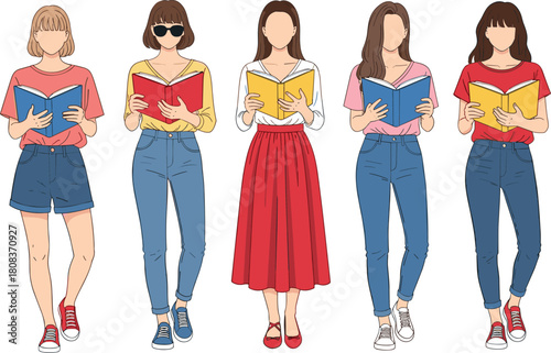 Reading group illustration, casual book lovers, diverse readers art, education concept, leisure activity, student characters, learning scene, literature themed image