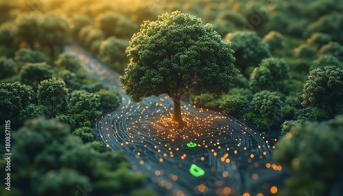 Single tree with glowing digital circuit pathways in lush green forest nature technology