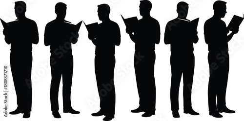 Reading silhouette, standing figure, book in hand, concentration pose, education theme, learning moment, male reader, study posture, knowledge, focus