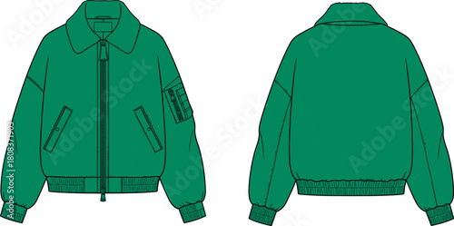Green bomber jacket technical flat sketch, front and back view, oversized aviator coat with collar, sleeve pocket, ribbed hem, vector illustration, apparel design template.