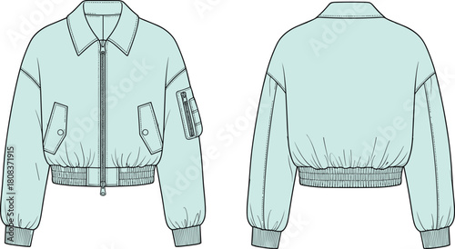 Mint green bomber jacket technical flat sketch, front and back view, zip-up flight coat with collar, sleeve pocket, elastic hem, apparel design template, cad drawing flat vector.