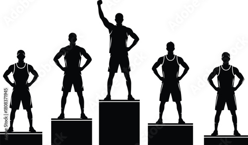 Athlete podium silhouette, winner celebration, sports ranking, competitive achievement, black and white figures, victory gesture, team performance, award ceremony