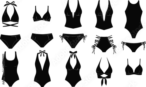 Black swimsuit collection, fashion design, bikini styles, one-piece swimwear, top view, silhouette layout, summer beachwear, trendy swim fashion, catalog illustration