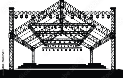 Modern concert stage truss structure with lighting equipment, metal framework, and event setup design, vector illustration for music festival, show, and performance background