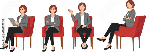 Seated character illustration, business attire poses, red armchair gestures, body language reference, professional man art, posture variety, office concept design
