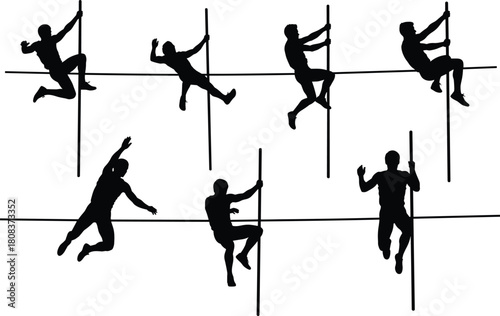 Pole vault athlete silhouette vector set showing dynamic jumping stages, professional sports training, competition action poses, strength, and athletic movement illustration for design