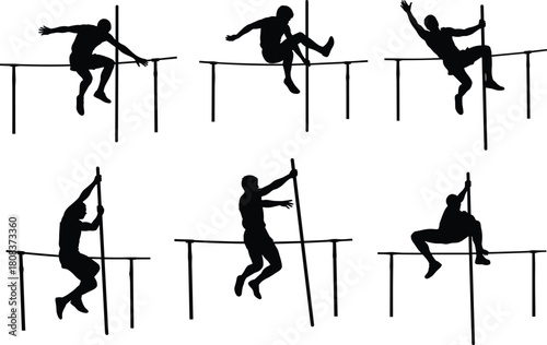 Pole vault athlete silhouette vector set showing different jump stages, sports training, competition action poses, strength, balance, and athletic performance illustration