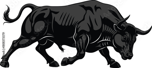 Powerful black bull vector illustration, strong animal silhouette design, aggressive stance, charging bull artwork, symbol of strength, energy, power, and determination