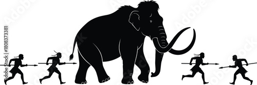 Prehistoric cavemen hunting mammoth silhouette vector illustration, ancient humans with spears, ice age wildlife, primitive hunters and large animal concept design