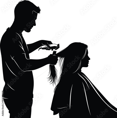 Professional hairstylist cutting long hair of woman client in beauty salon, vector illustration, barber using scissors and comb during haircut session