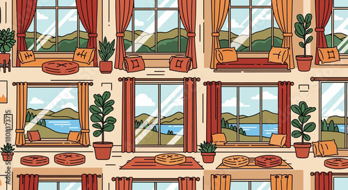 Cozy room interior with window views pillows plants and curtains in a seamless pattern