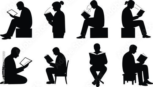 Silhouette people reading books, sitting and standing readers, education, learning concept, study habits, literature lovers, knowledge, academic lifestyle, self-improvement, focus