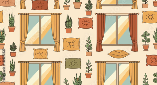 Seamless pattern featuring windows with curtains pillows and potted plants design