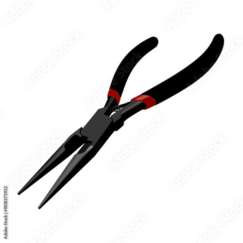 Black long nose pliers with red and black handle isolated on for repair and crafting work