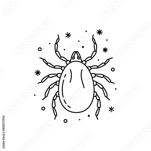 Outline drawing of a tick insect with legs and body, isolated on, simple line art icon for nature and pest control concept
